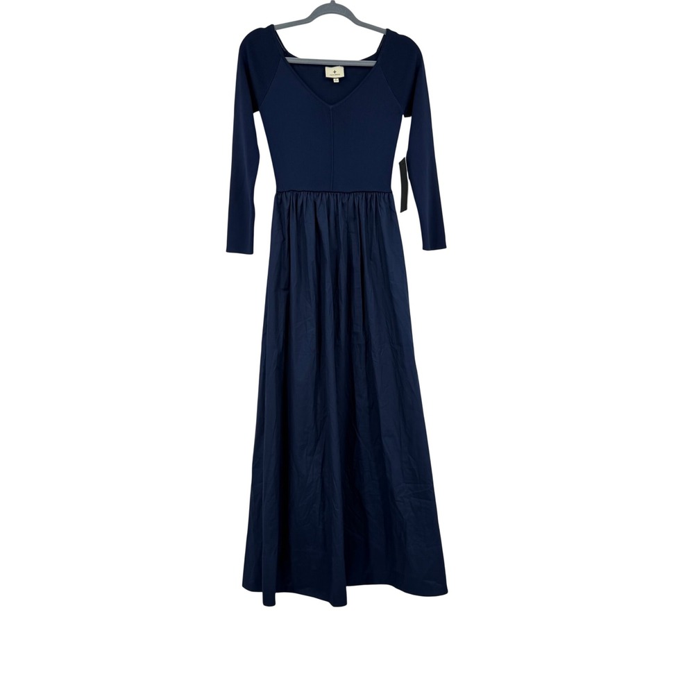 Tuckernuck Clea Dress Medium Navy Blue Long Sleeve V-Neck Maxi Mixed Media